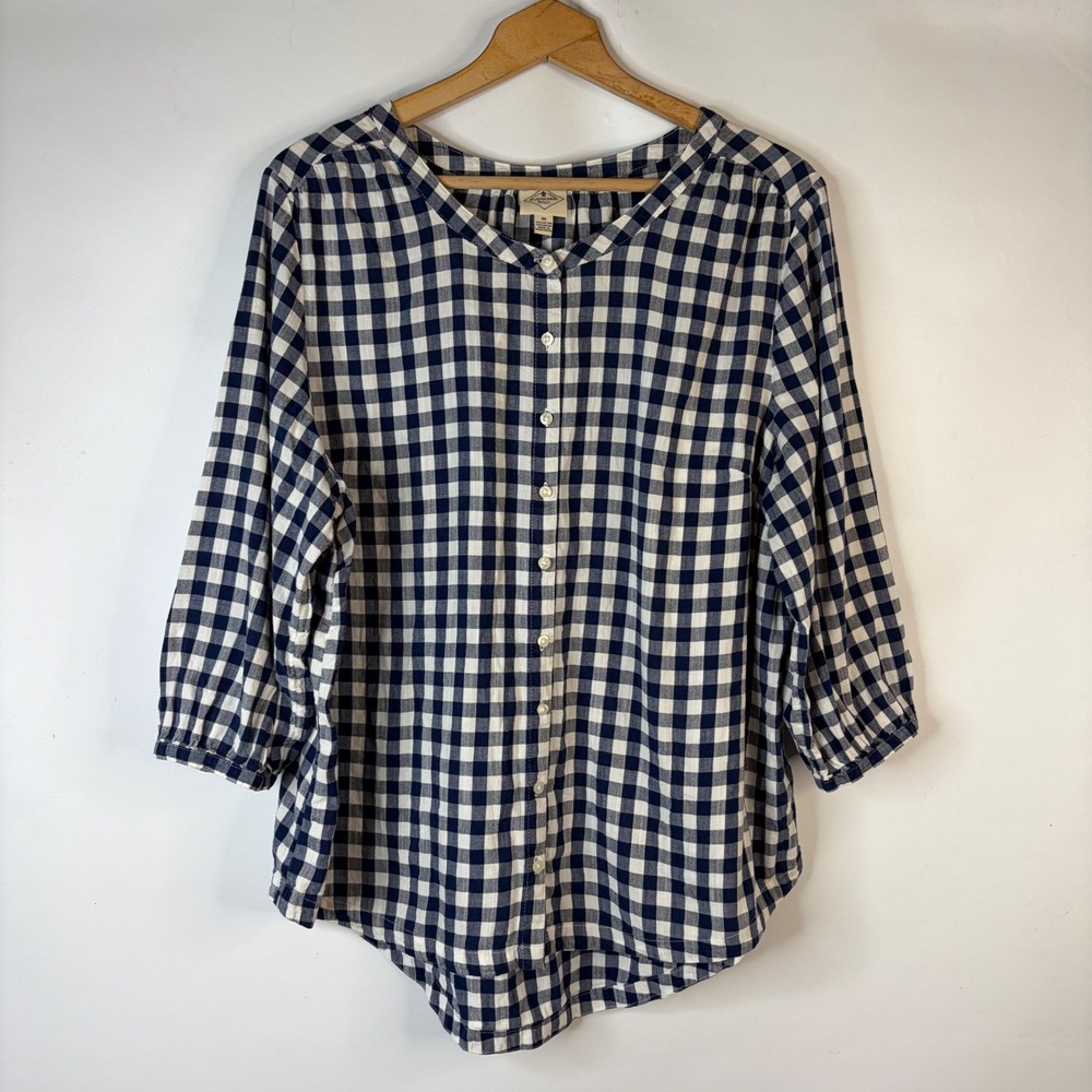 St. John's Bay Button Down Blouse Women 0X Navy White Gingham 3/4 Sleeve Top
